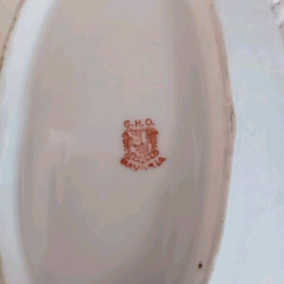 Antique G.H.O. Bavaria Lusterware Oval Dish Floral Center Green Iridescent Rim - Picture 8 of 8